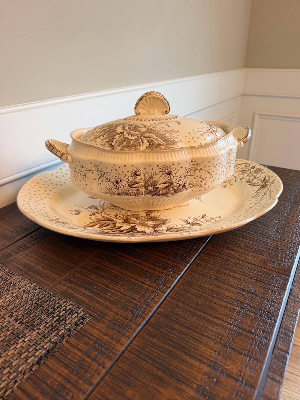 RARE Brown Transferware Large Vintage Floral Ceramic Serving Platter and Tureen